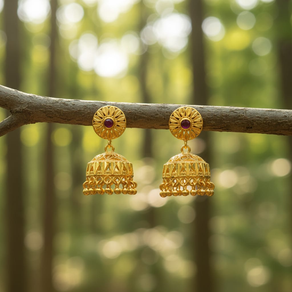 Micro Gold Jhumki with Ruby Stud