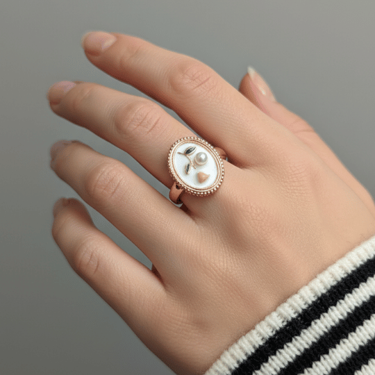 White Enamel Pearls Leaf Ring