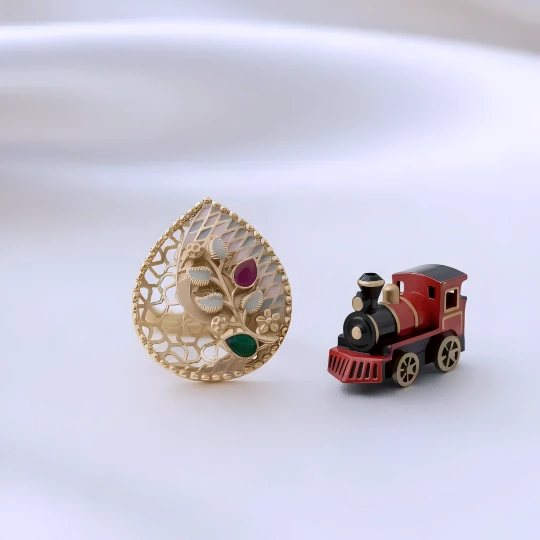Rajwadi Teardrop Open Filigree Ring with Floral Vine, Ruby Bud & Emerald Leaf