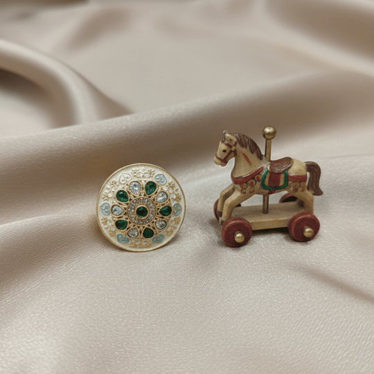 Rajwadi White Enamel Disc Ring with Emerald Kundan Floral Wheel & Polki Sunburst