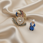 Rajwadi Sculpted Peacock Heart Ring with Pearl Encrustation, Polki Diamond & Meenakari Tail