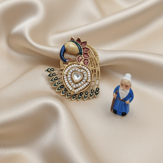 Rajwadi Sculpted Peacock Heart Ring with Pearl Encrustation, Polki Diamond & Meenakari Tail