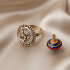 Rajwadi Carved Floral Disc Ring with Blush Pink Enamel, Amethyst & Teal Leaf
