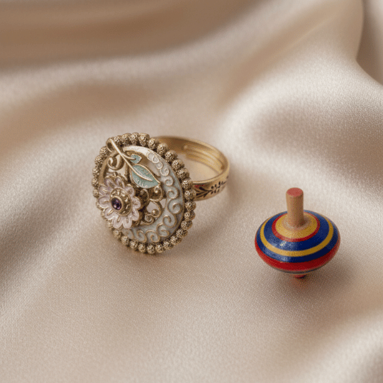 Rajwadi Carved Floral Disc Ring with Blush Pink Enamel, Amethyst & Teal Leaf