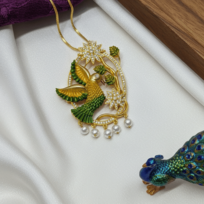 Peacock Enamel CZ Chain Pendant Set with Earrings
