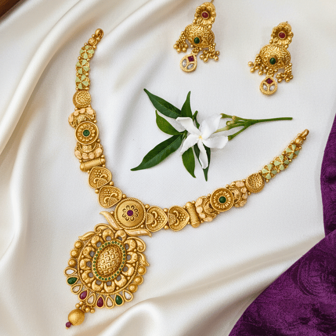 Rajwadi Antique Gold Nakshi Necklace Set with Jhumka Earrings