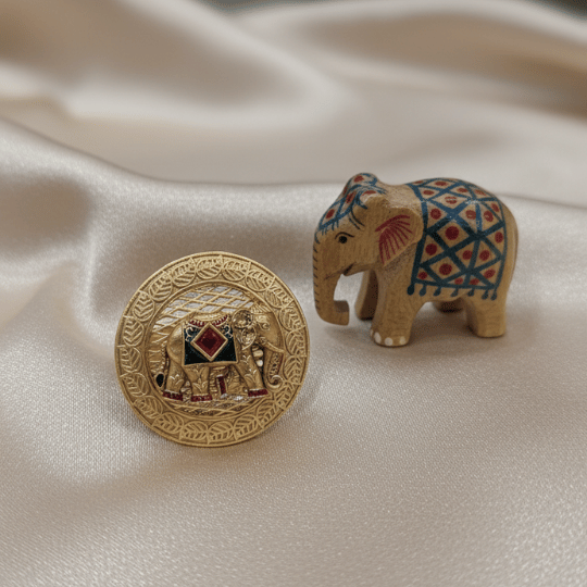Rajwadi Royal Elephant Disc Ring with Engraved Vine Scrollwork & Ruby Howdah