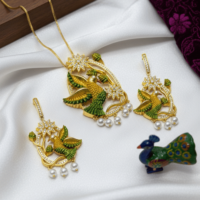 Peacock Enamel CZ Chain Pendant Set with Earrings