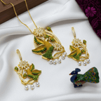 Peacock Enamel CZ Chain Pendant Set with Earrings