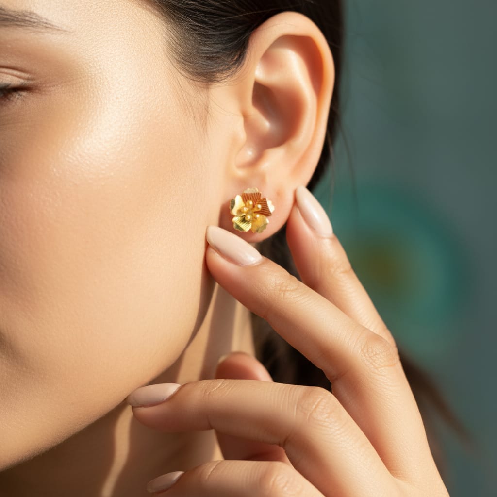 Ribbed Petal Gold Flower Stud Earrings