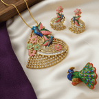 Dual Peacock Enamel CZ Chain Pendant Set