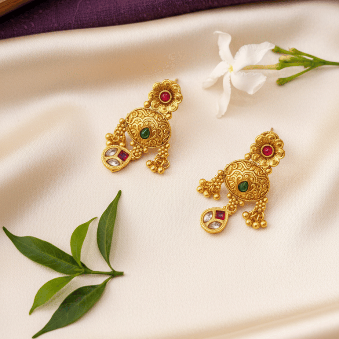 Rajwadi Antique Gold Nakshi Necklace Set with Jhumka Earrings