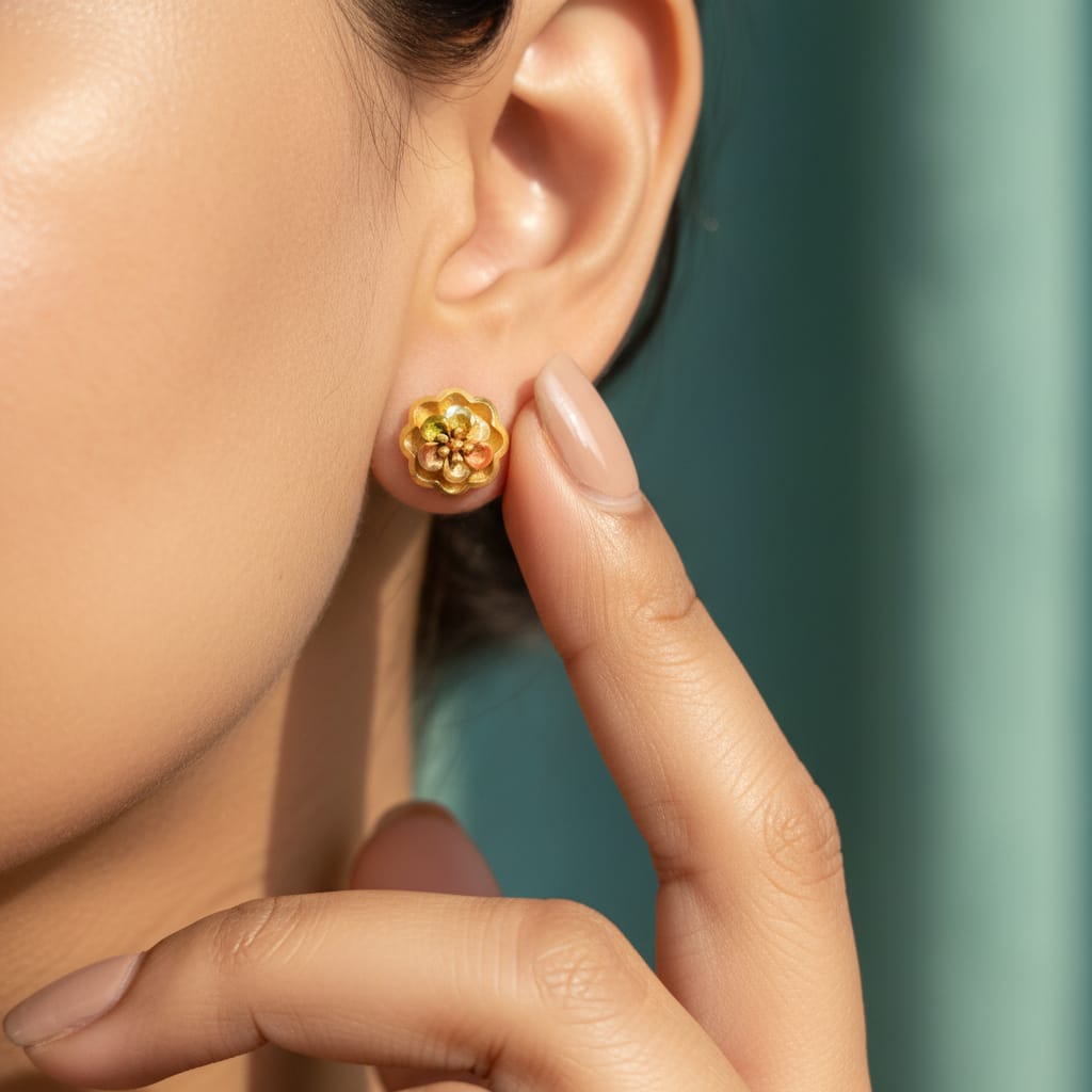 Tri-Tone Gold Flower Stud Earrings