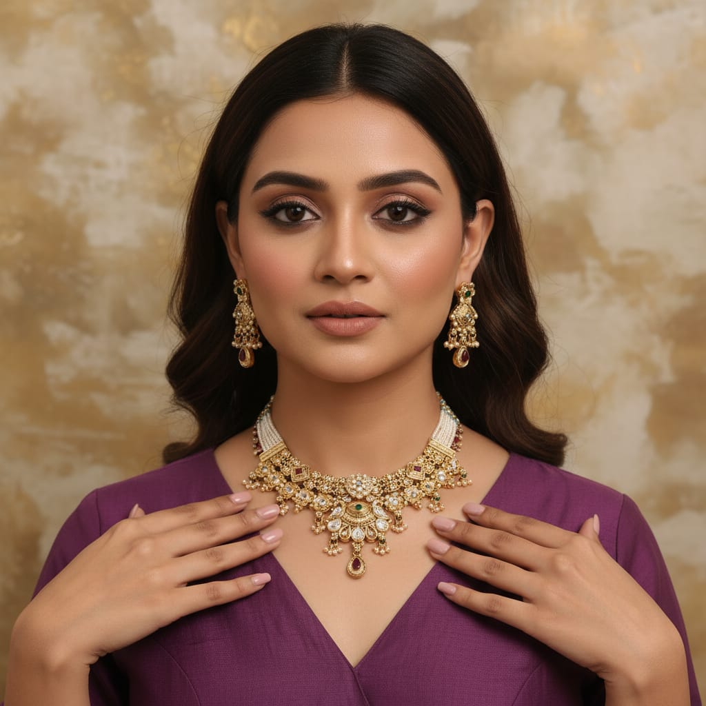 Antique Gold Polki Rajwadi Necklace Set
