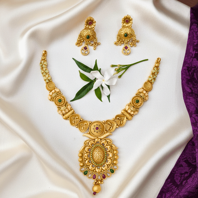 Rajwadi Antique Gold Nakshi Necklace Set with Jhumka Earrings