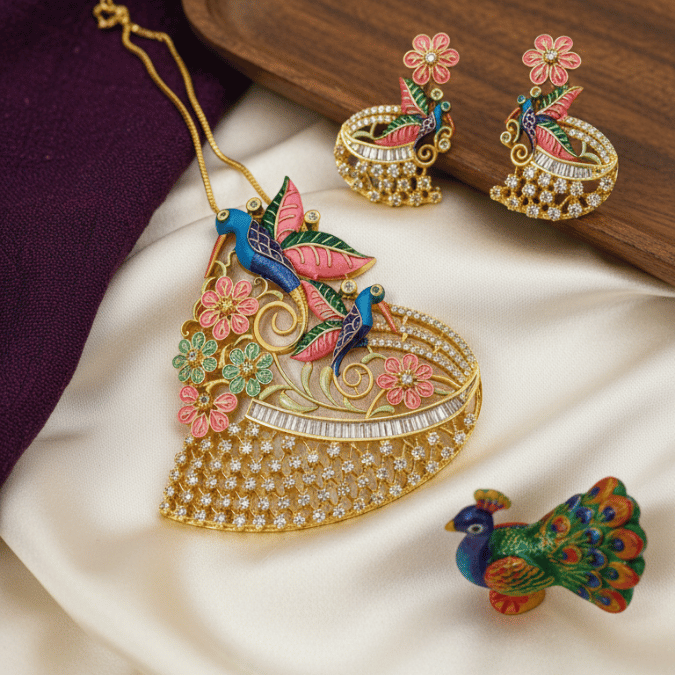 Dual Peacock Enamel CZ Chain Pendant Set