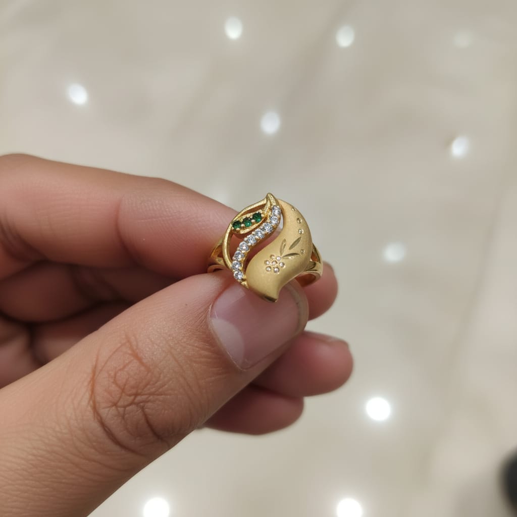 Micro Gold Plated Floral Engraved Wide Band Ring with Emerald CZ Accent
