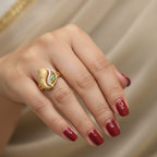 Micro Gold Plated Floral Engraved Wide Band Ring with Emerald CZ Accent