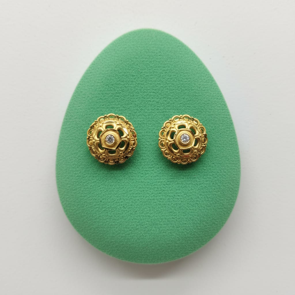 Filigree Dome Gold Stud Earrings with Solitaire Centre