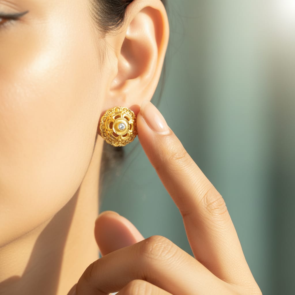 Filigree Dome Gold Stud Earrings with Solitaire Centre