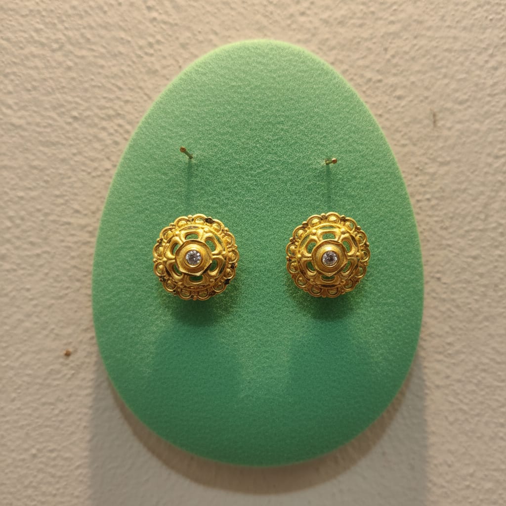 Filigree Dome Gold Stud Earrings with Solitaire Centre