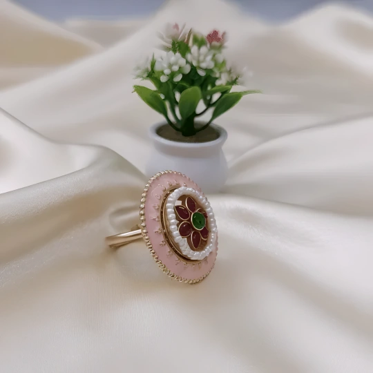 Rajwadi Pink Enamel Kundan Ring with Pearl Border