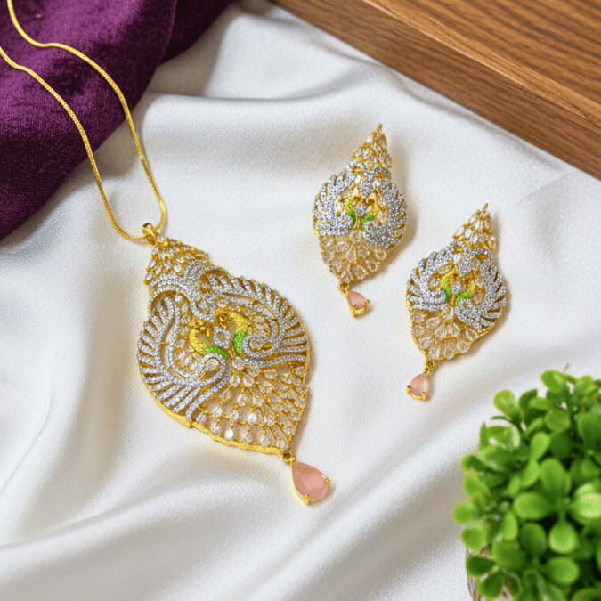 Peacock CZ Chain Pendant Set with Earrings