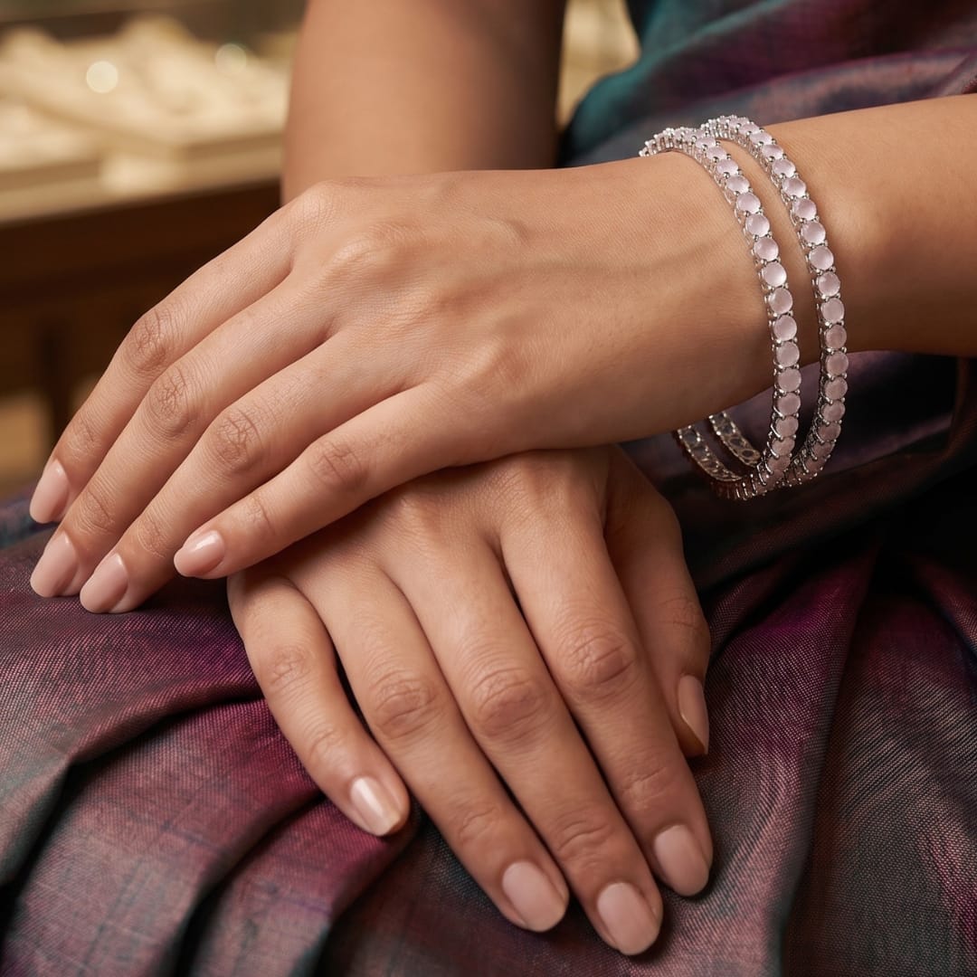 Pink Stone CZ Bangles – Premium American Diamond Bangle Set