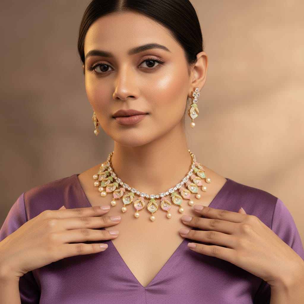 Pastel Leaf & Pearl Rajwadi Necklace Set