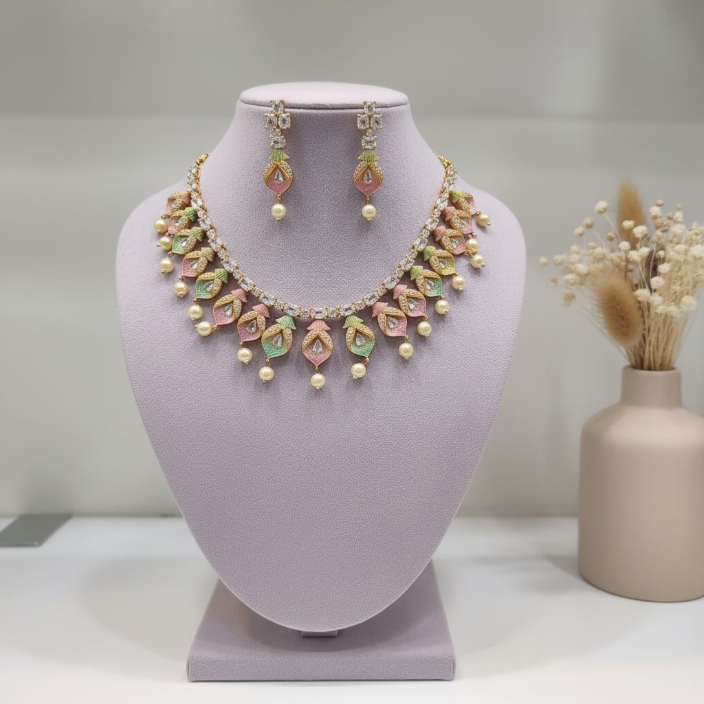 Pastel Leaf & Pearl Rajwadi Necklace Set