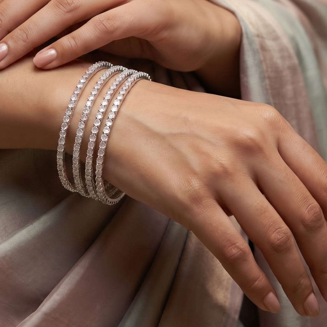 Pink Stone CZ Bangles – Premium American Diamond Bangle Set
