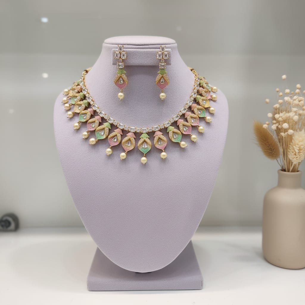 Pastel Leaf & Pearl Rajwadi Necklace Set