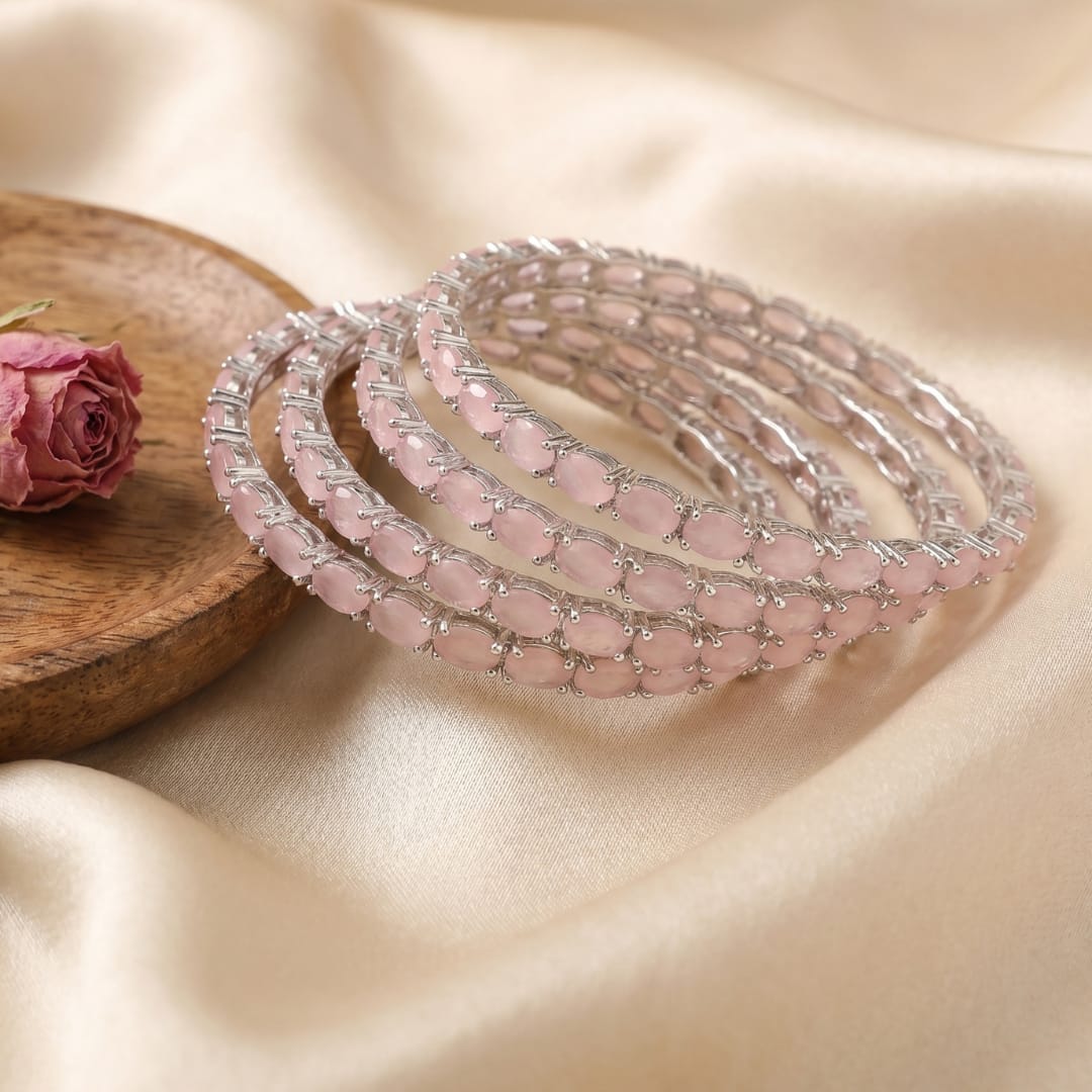 Baby Pink Oval Stone Bangles – Blush Cabochon Stone Bangle Set