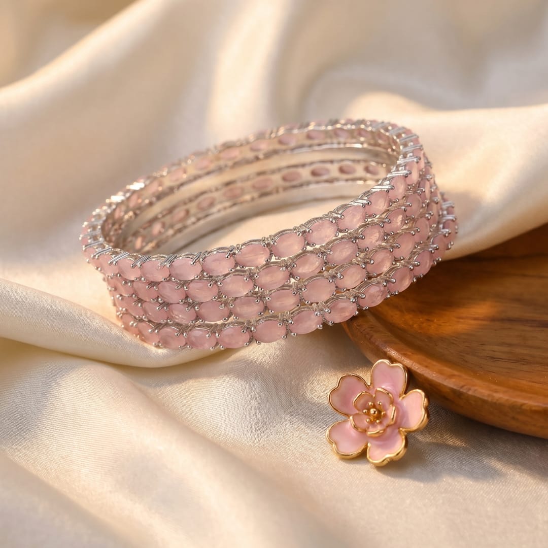 Baby Pink Oval Stone Bangles – Blush Cabochon Stone Bangle Set
