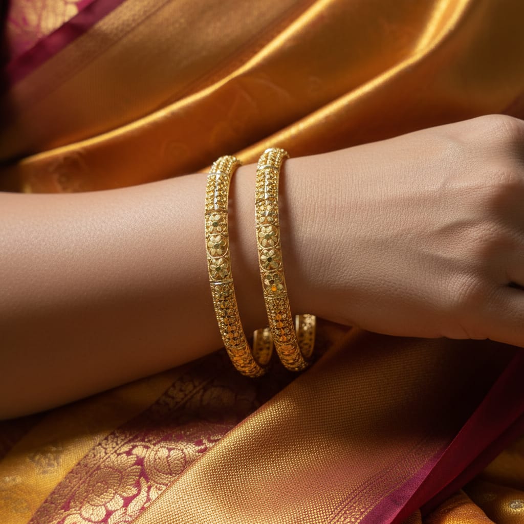 1 Gram Gold Bangles – Floral Textured Set