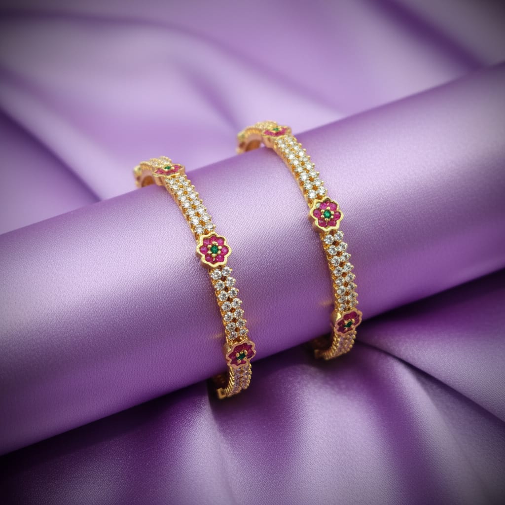 1 Gram Gold CZ Ruby Floral Bangles 