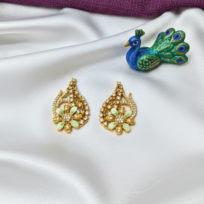 CZ Peacock Floral Chain Pendant Set with Earrings