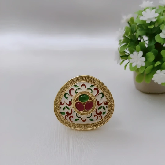Rajwadi Ivory Meenakari Jali Ring with Ruby & Emerald
