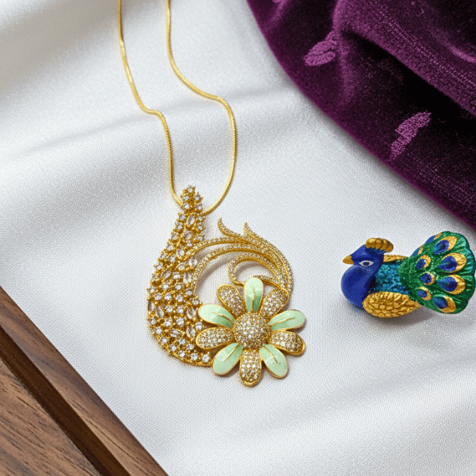 CZ Peacock Floral Chain Pendant Set with Earrings