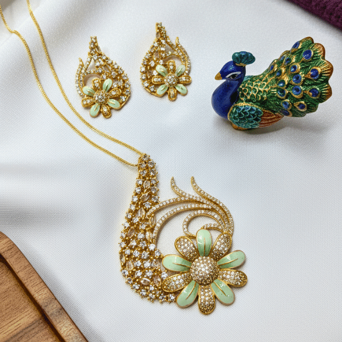 CZ Peacock Floral Chain Pendant Set with Earrings