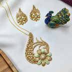 CZ Peacock Floral Chain Pendant Set with Earrings