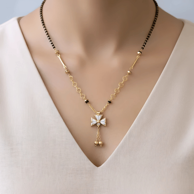 One Gram Gold Mangalsutra with CZ Star Cross Pendant & Gold Balls