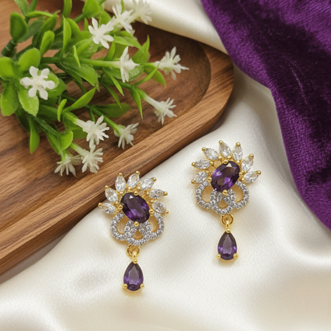 CZ Chain Pendant Set with Earrings – Purple Amethyst