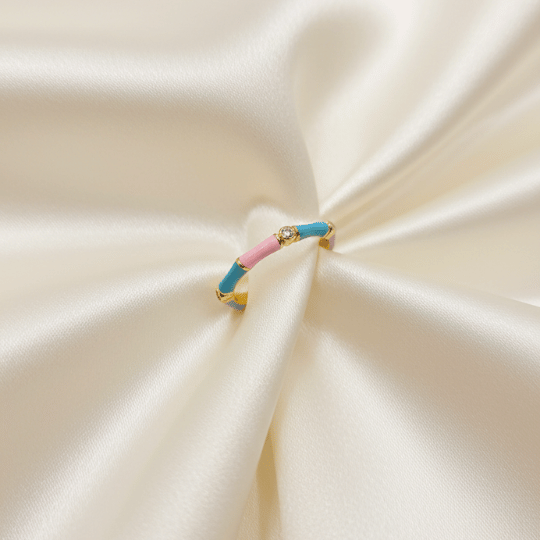 Blue Pink Dual Tone Enamel CZ Band Ring