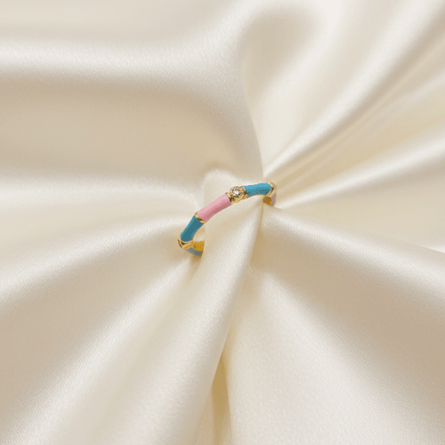 Blue Pink Dual Tone Enamel CZ Band Ring
