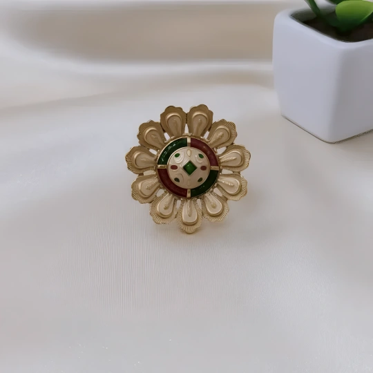Rajwadi Meenakari Floral Ring with Emerald & Ruby