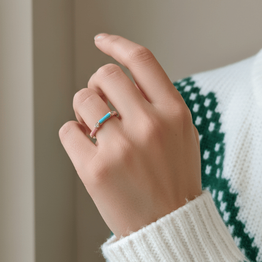 Blue Pink Dual Tone Enamel CZ Band Ring