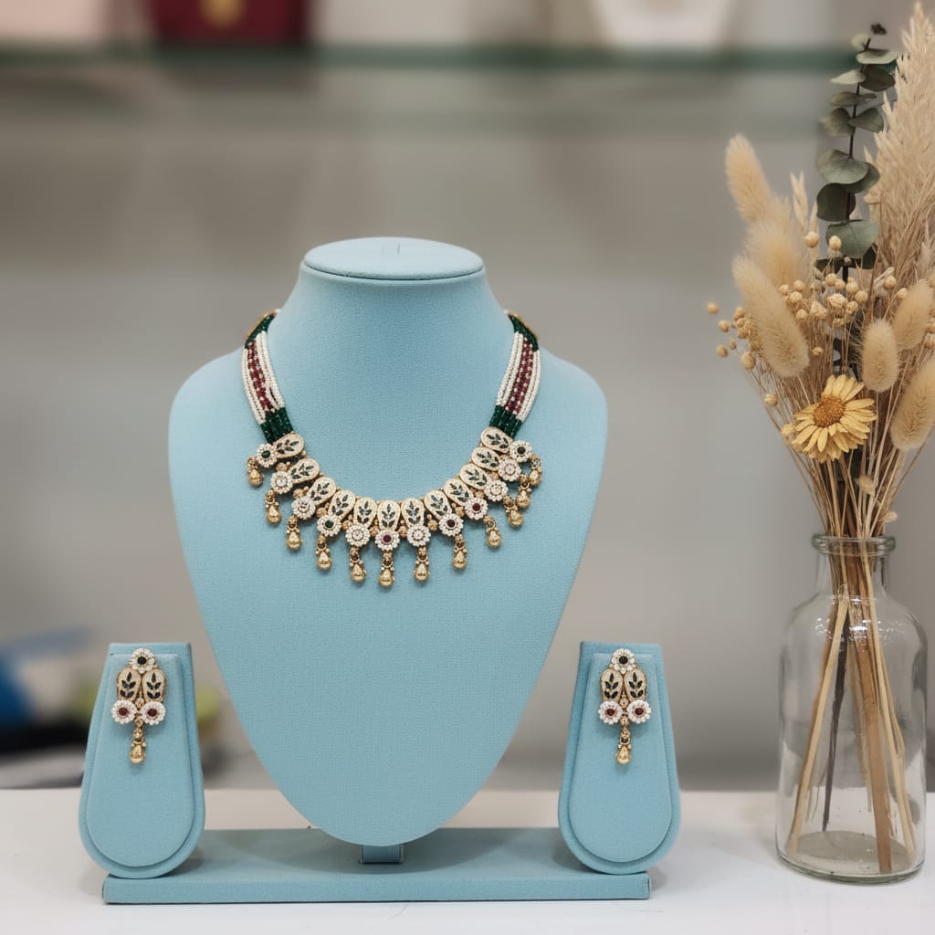Emerald Bead & Meenakari Rajwadi Necklace Set