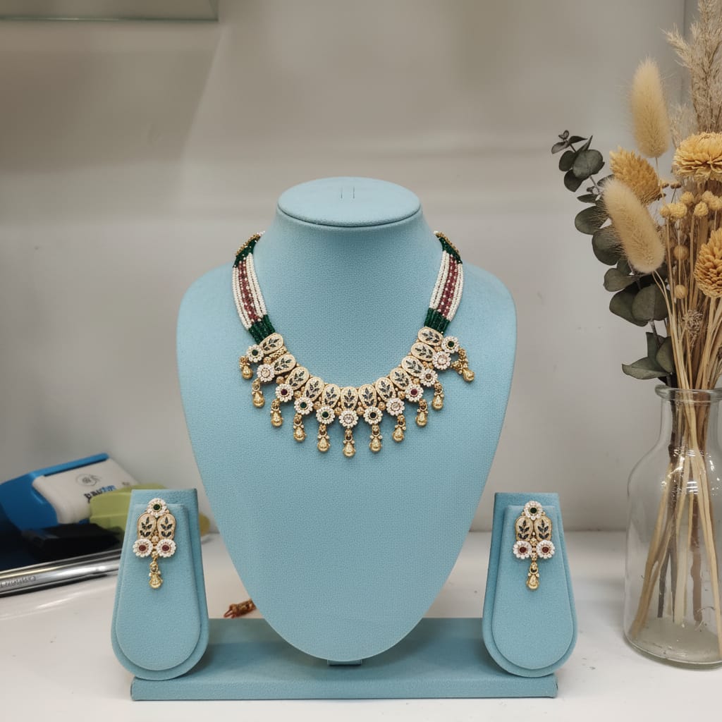 Emerald Bead & Meenakari Rajwadi Necklace Set