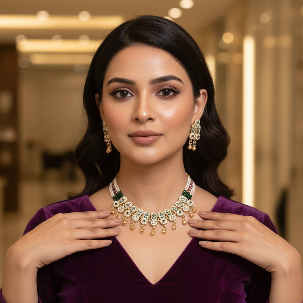 Emerald Bead & Meenakari Rajwadi Necklace Set